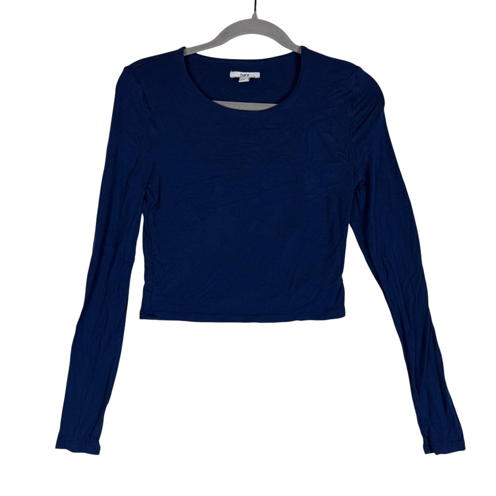 Bar III Top Womens S Blue Cropped Long Sleeve Scoop Neck Jersey Basic Tee Casual
